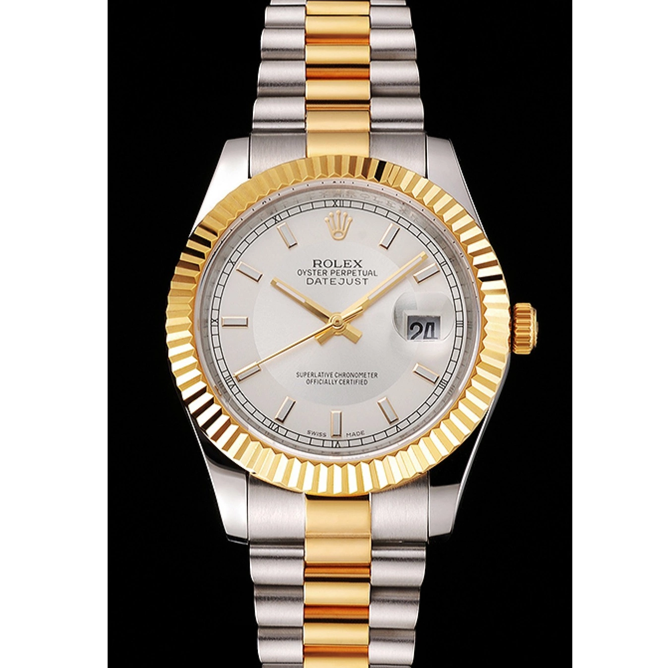 Aaa replica watch Rolex White Two Gold Tone Case Swiss Stainless Steel Bezel Bracelet Datejust Gold Dial 0806